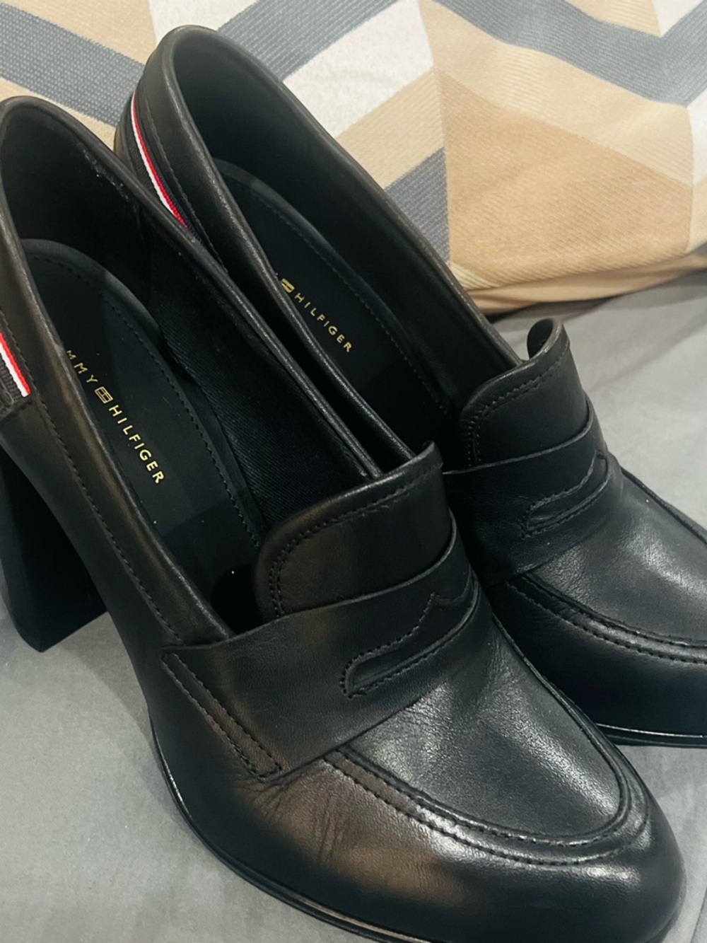 Tommy Hilfiger Black Leather Block Heel Loafers with Signature Stripe Detail